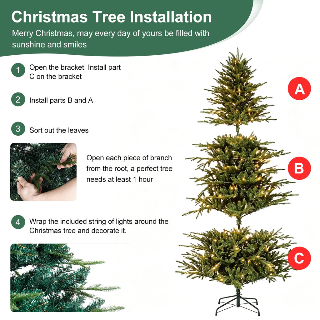7ft Prelit Artificial Christmas Tree, 1300 PE/PVC Tips, Living Room Full Realistic Shape Spruce Xmas Tree with LED Lights, Foldable Metal Stand, Easy Assembly, for Home Office Holiday Decor