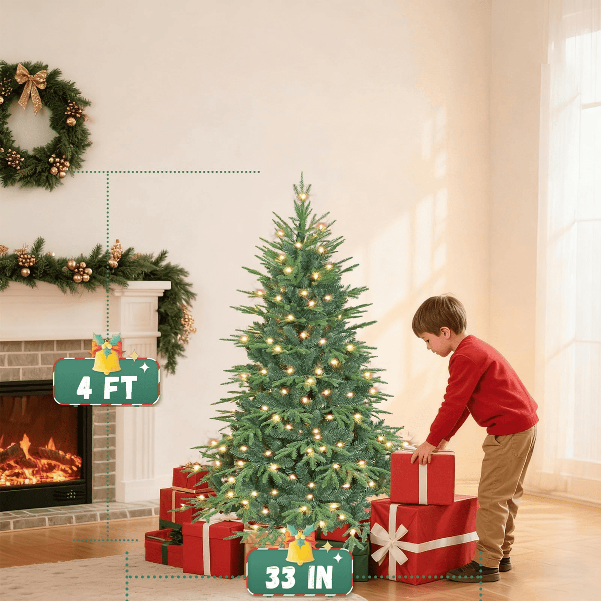 Makeatree 4ft Prelit Artificial Christmas Tree Realistic Fir Xmas Tree with 907 PE PVC Tips & 150 Lights Green & Foldable Base