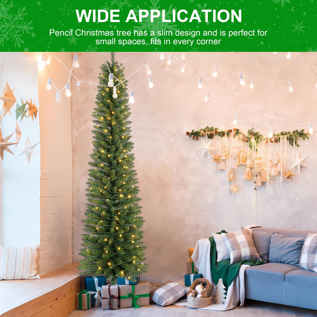 Bringstar 6FT Pre-Lit Pencil Christmas Tree,Green Artificial Xmas Trees, 150 LED Warm White Lights