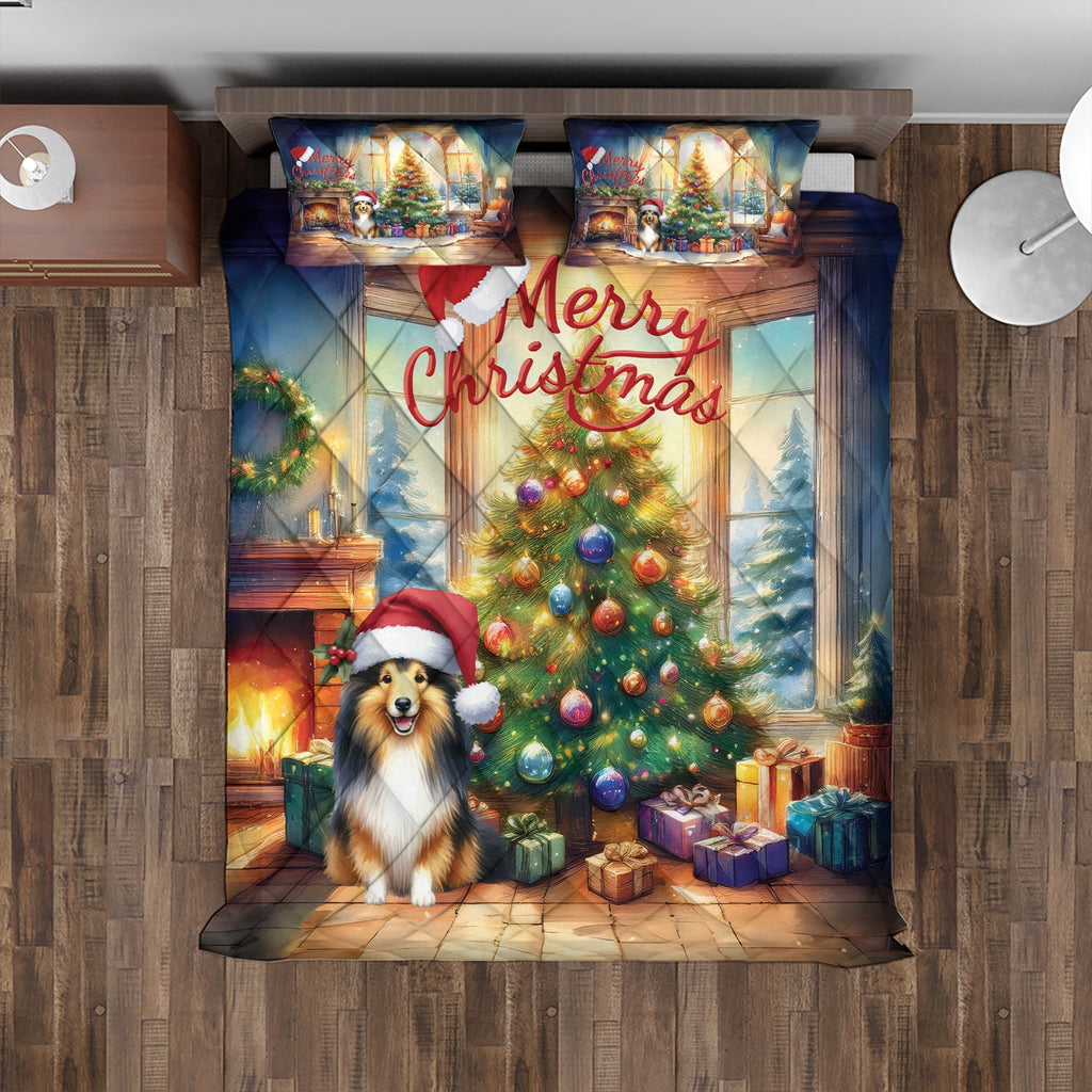 Merry Christmas French Bulldog Santa Hat Xmas Tree Winter Holiday Quilt Bedding Set Dog Lover Gifts 1 Blanket Bed Cover 2 Pillowcases - 01013
