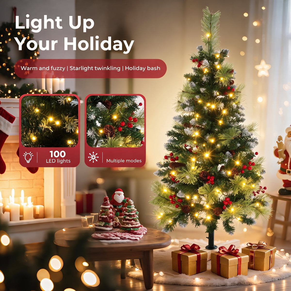 Funcid 6ft Artificial Christmas Tree with 8 Adjustable Light Flash Rate Modes, Decorated Xmas Tree with Pine Cones, Hinged Partially Flocked Christmas Tree with Foldable Metal Base