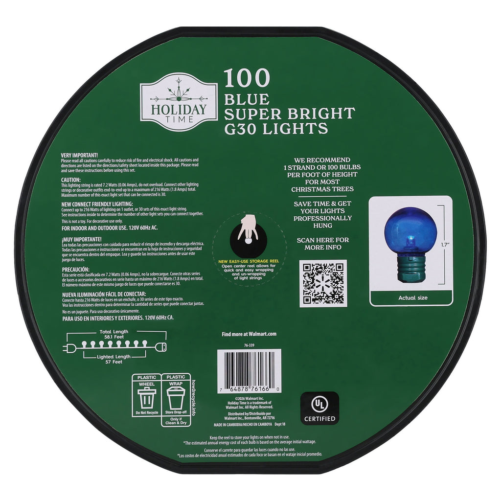 Indoor/Outdoor 100-Count LED Super Bright G30 Christmas String Lights, Warm White, Green Wire, 57', by Holiday Time