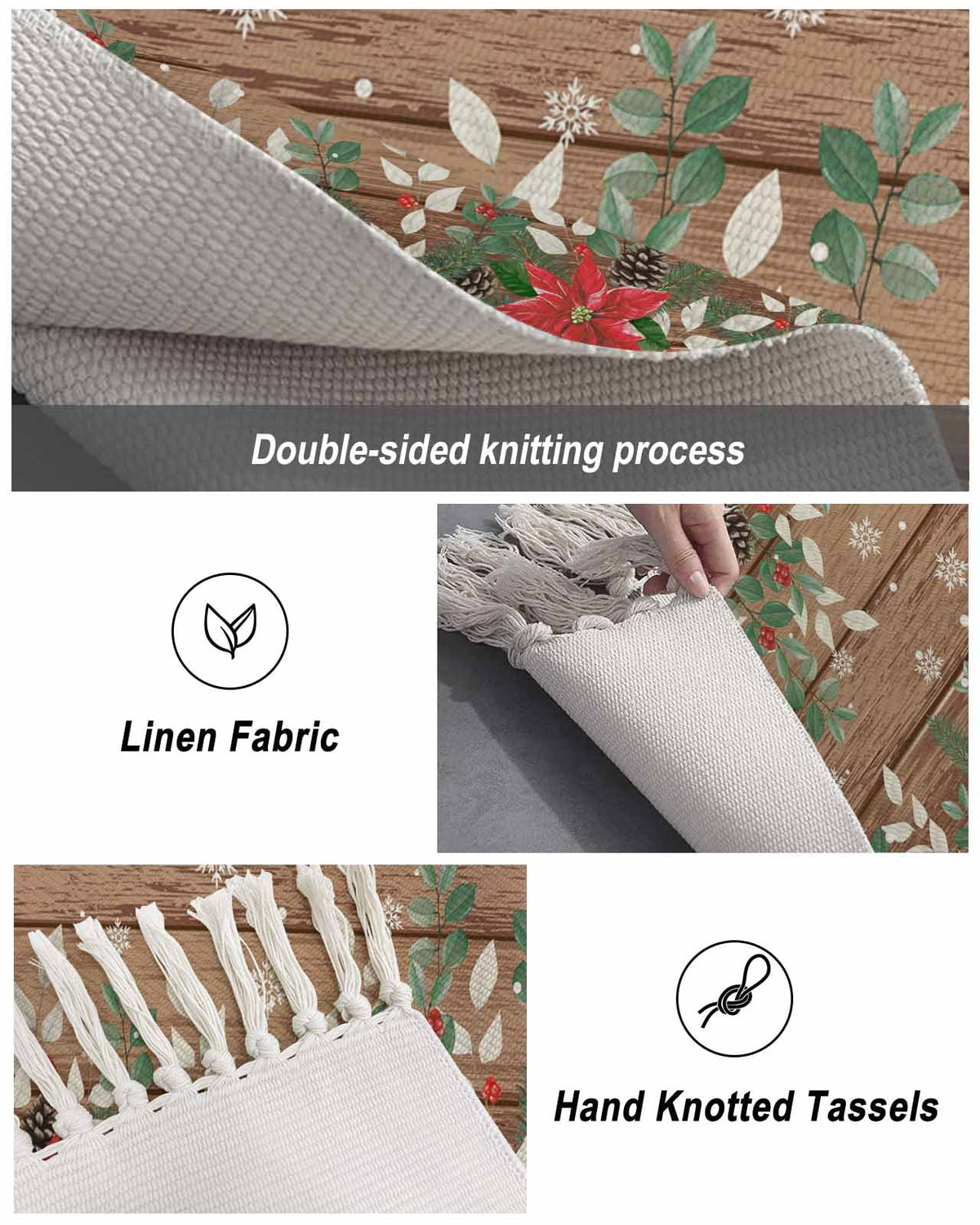 Christmas Poinsettia Large Area Rug 4x6ft Woven Runner Rug,Farmhouse Eucalyptus Botanical Xmas Washed Living Room Bedroom Kitchen Bathroom Classroom Carpet with Tassels,Indoor Outdoor Throw Door Mat