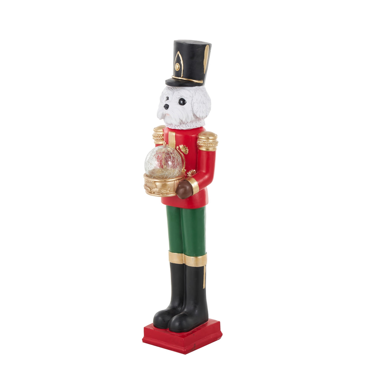 6" x 32" Red Fiberglass Tall Soldier Nutcracker Dog Christmas Sculpture with LED Light Snow Globe, by DecMode
