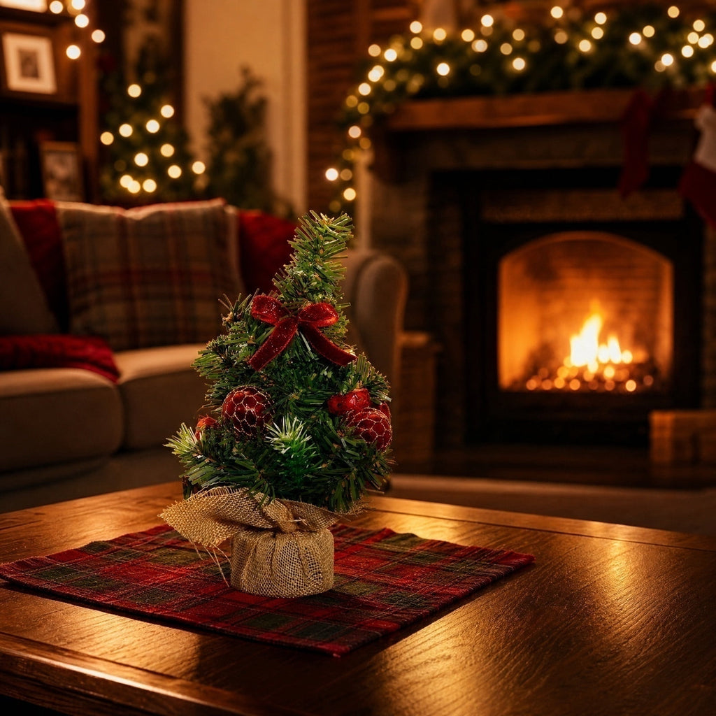 Surpdew Mini Christmas Tree Table Top Decorations- 9" Artificial Small Pine Trees with Burlap Base on Desktop, Shelves, Bedroom, Miniature Scenes Xmas for Home, Office, Party Decor