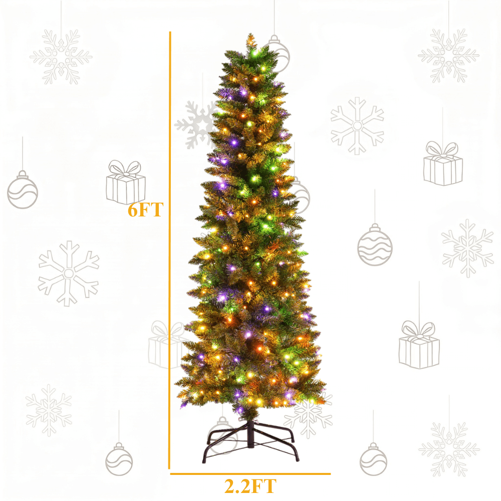 Legooin 6ft Pre-lit Slim Christmas Tree Skinny Hinged Artificial Xmas Tree with 250 Color-Changing Lights+957 Branch Tips