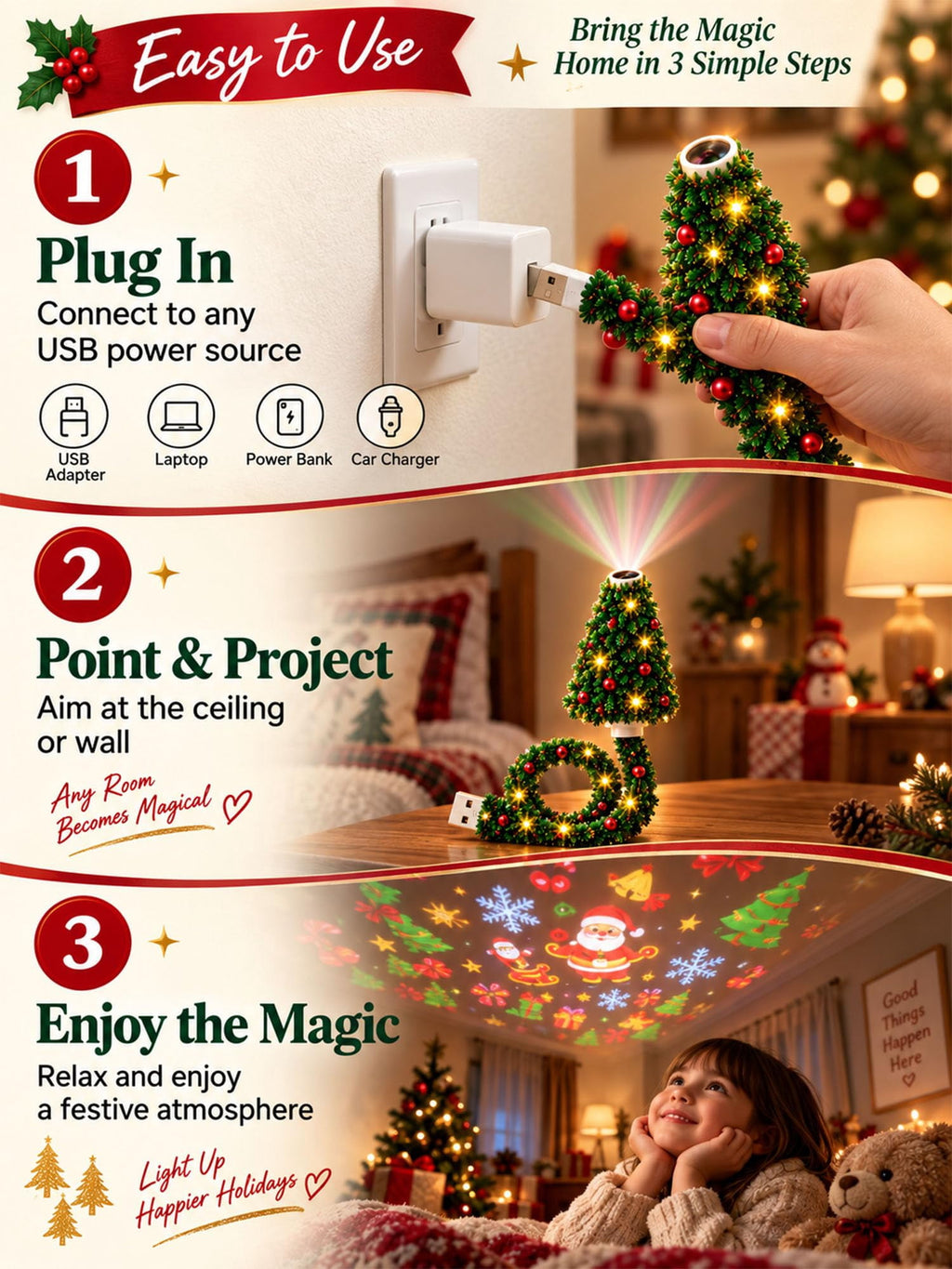 Plug and Play HD Christmas Projector, Christmas Projector Indoor, Holiday Projector Light, Plug and Play Holiday Projector Indoor Christmas Decorations for Home, Wall and Party