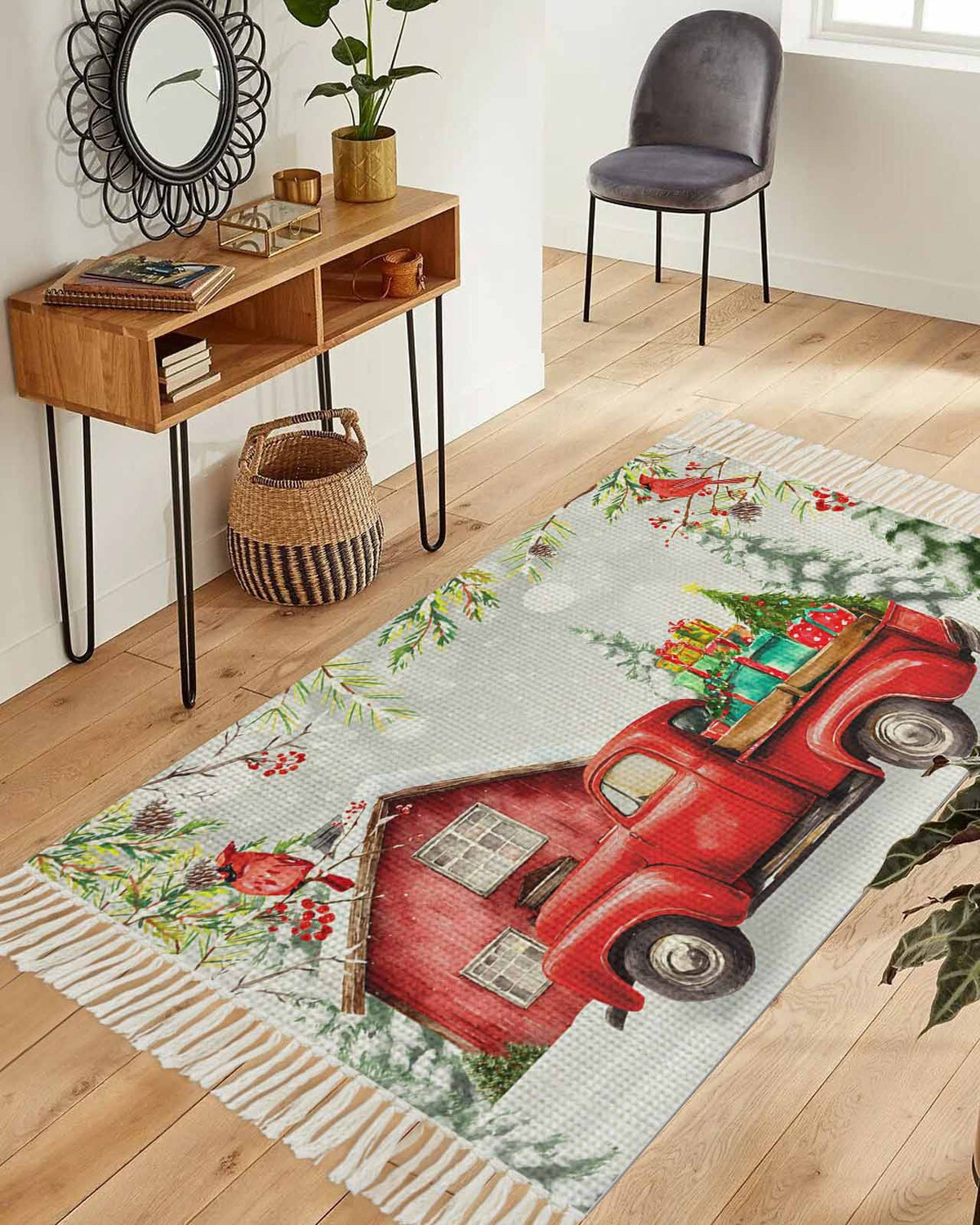 Christmas Truck Large Area Rug 4x6ft Woven Runner Rug,Xmas Trees Red Birds Snowflake Winter Gift Living Room Bedroom Kitchen Bathroom Classroom Carpet with Tassels,Indoor Outdoor Throw Door Mat