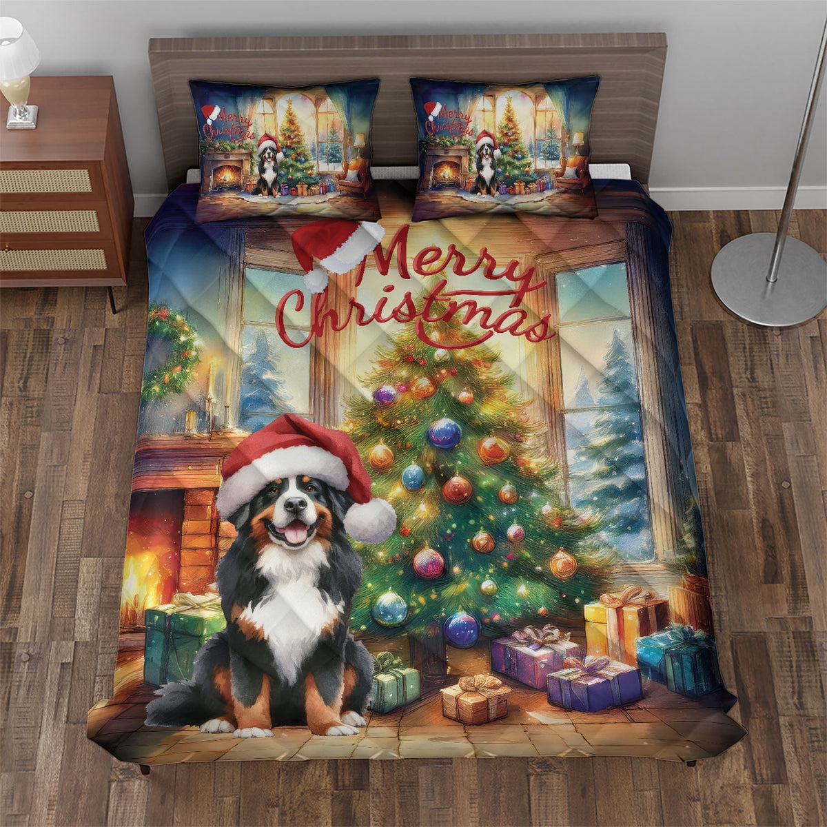 Merry Christmas French Bulldog Santa Hat Xmas Tree Winter Holiday Quilt Bedding Set Dog Lover Gifts 1 Blanket Bed Cover 2 Pillowcases - 01013