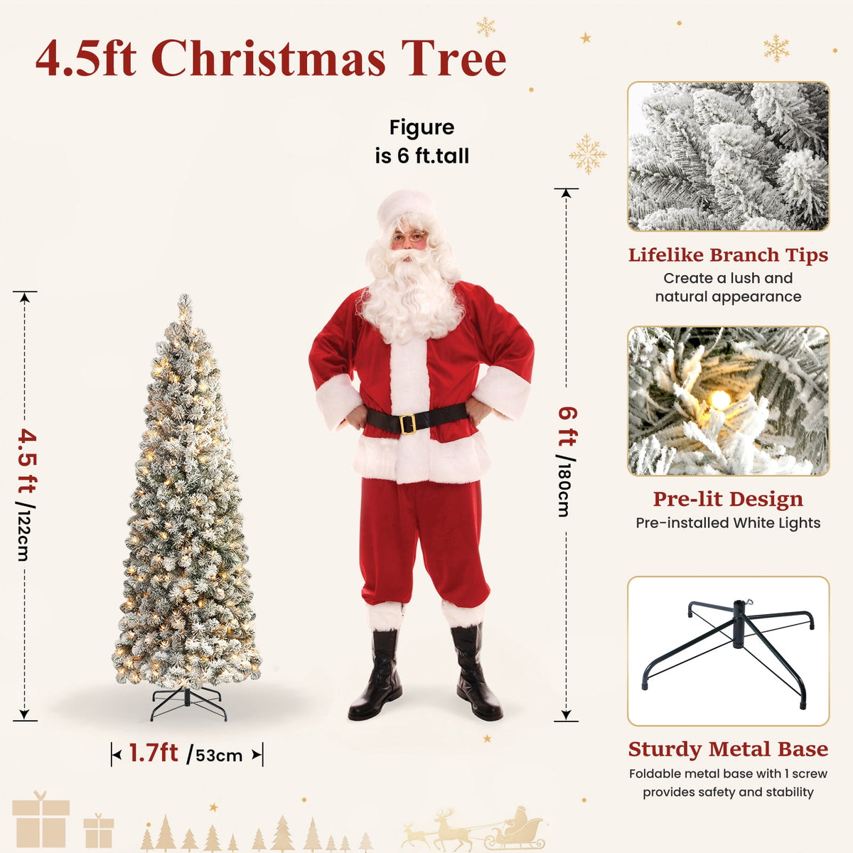 Lolsea 4.5ft Prelit Snow Flocked Artificial Pencil Christmas Tree with Warm White Lights, Full Branch Tips, Perfect Choice Decoration for Xmas Holiday