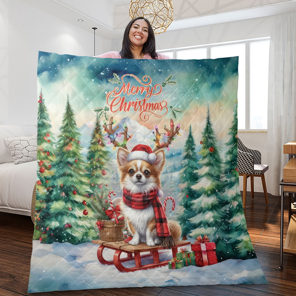 Merry Christmas Santa Reindeer Antlers French Bulldog Sleigh Xmas Winter Holiday Quilt Bedding Set Dog Lover Gifts 1 Blanket Bed Cover 2 Pillowcases - 00023