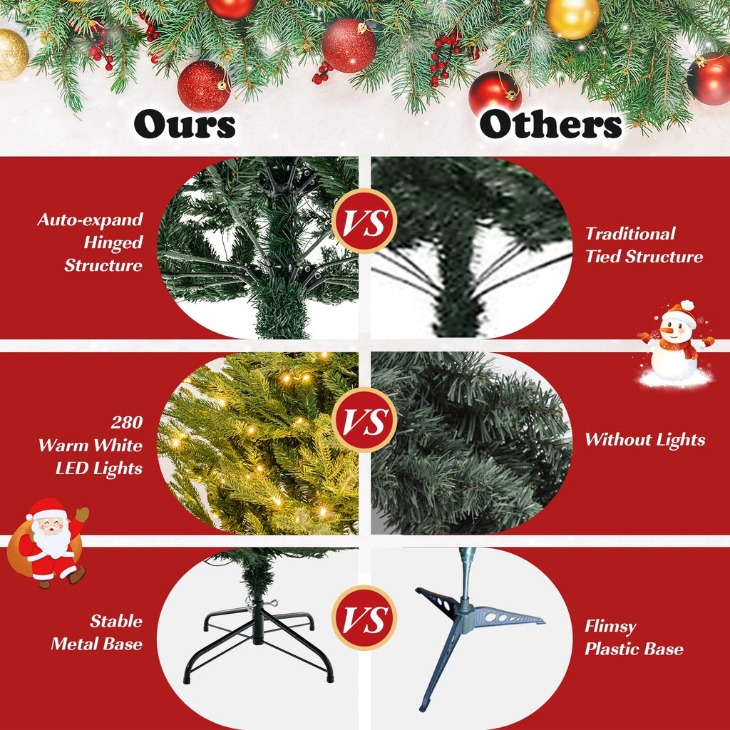 Topbuy 6FT Artificial Christmas Tree Pre-lit Xmas Tree with 280 Warm White LED Lights 8 Lighting Modes 788 PE & PVC Branch Tips