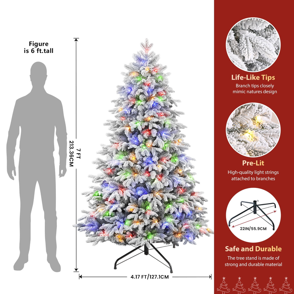 Lolsea 7ft Prelit Flocked Modern Luxury Cedar Christmas Tree with Realistic PE Foliage, Warm White & Multi-Color Lights and Remote Control
