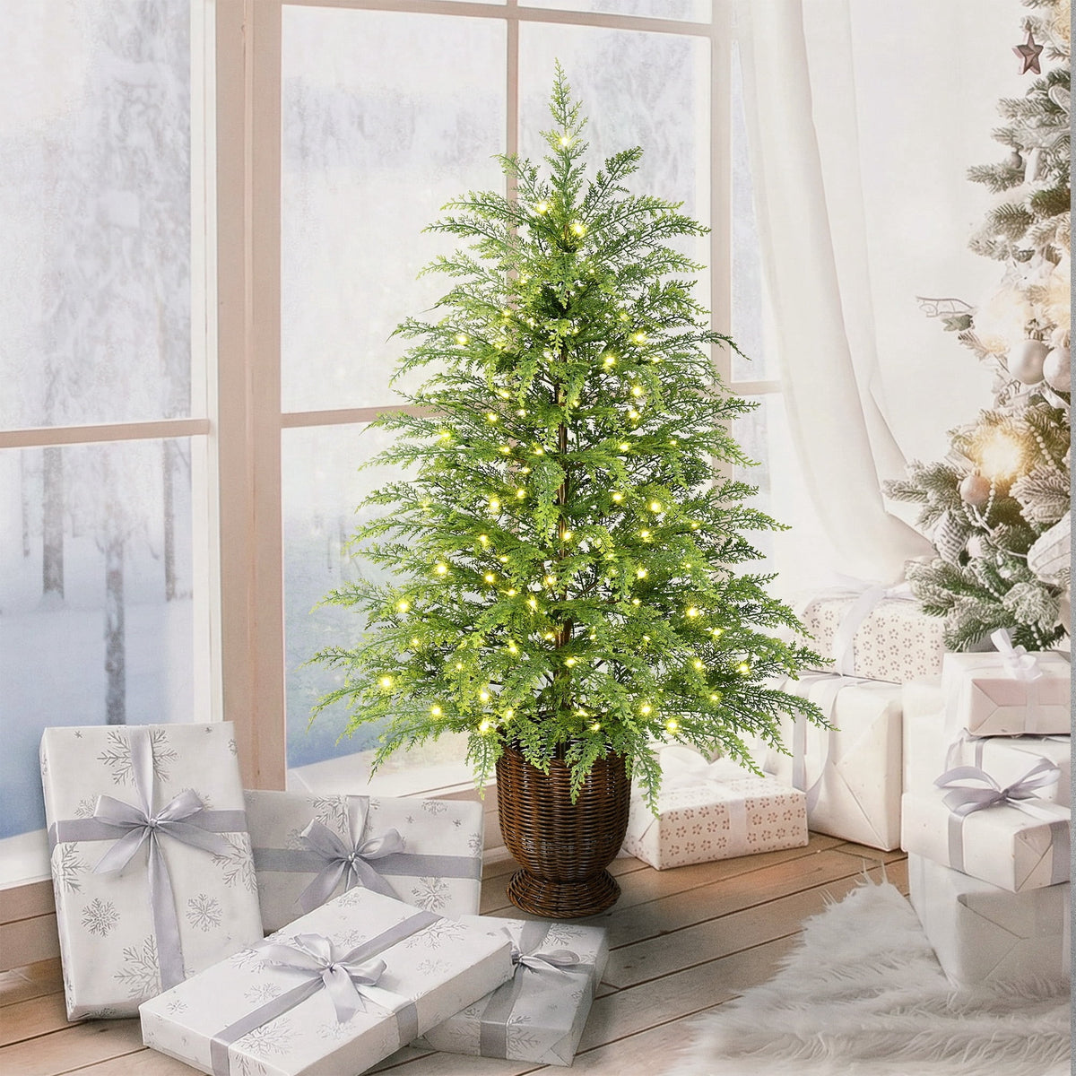My Texas House 4' Pre-Lit Cypress Green Artificial Christmas Tree with 100 Warm White Twinkle LED Lights in Woven Basket