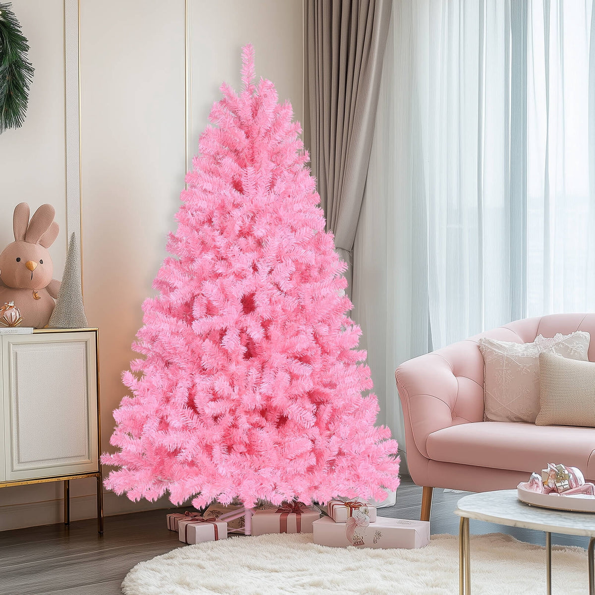Funcid 6ft Pink Artificial Christmas Tree, Hinged Spruce Full Tree with 1477 Branch Tips, Foldable Metal Stand, New PVC Material, Xmas Tree for Indoor and Outdoor Decoration