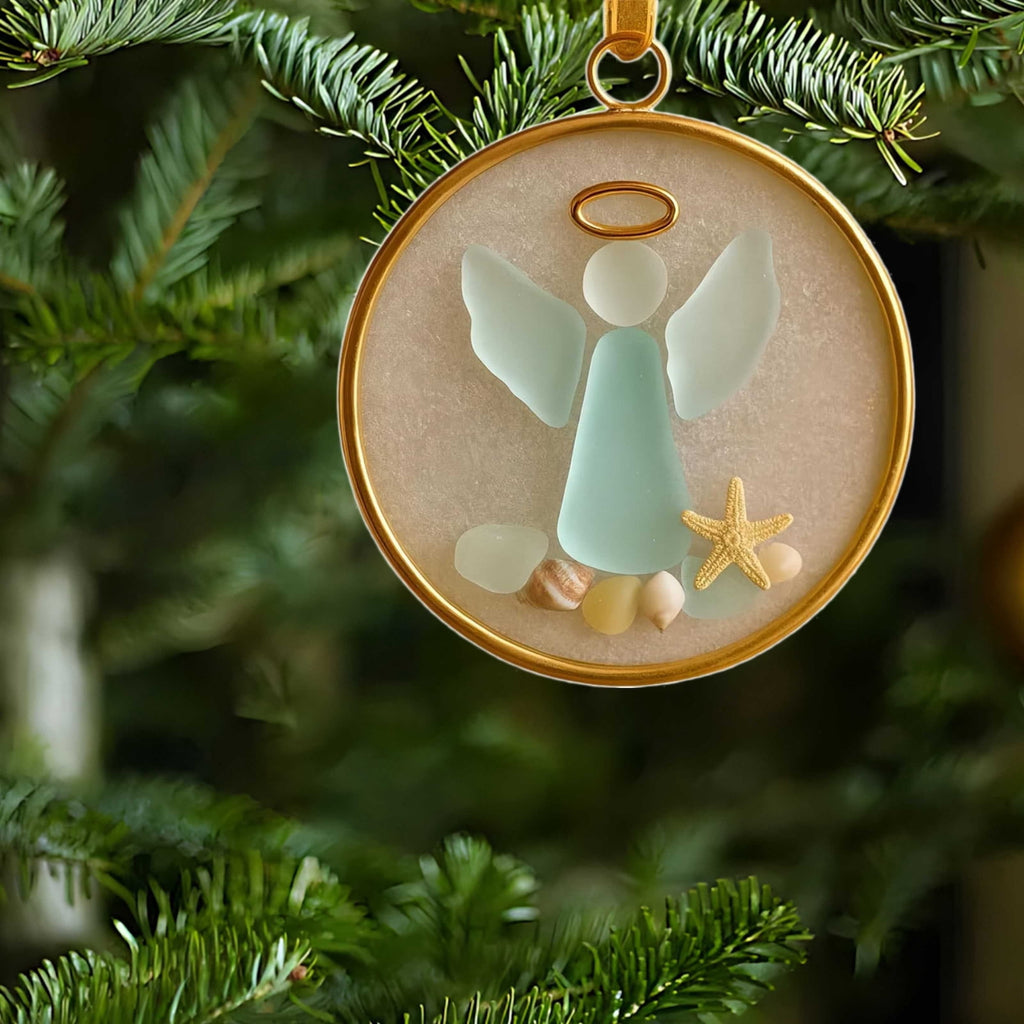 DAMAI Sea Glass Nativity Christmas Ornament,Hanging Sea Glass Nativity Christmas Tree Decoration,Coastal Inspired Sea Glass Nativity Ornament,Handmade Nativity Scene, with Shells and Starfish