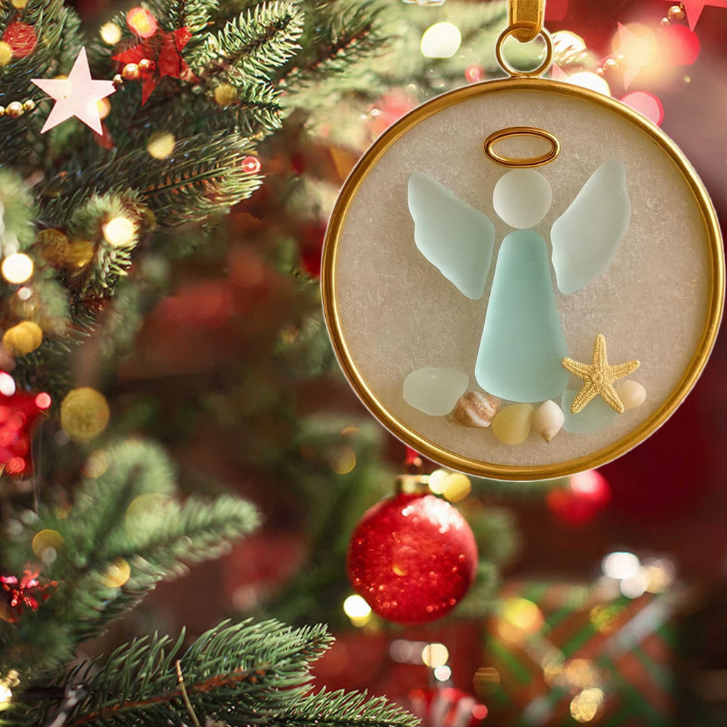 DAMAI Sea Glass Nativity Christmas Ornament,Hanging Sea Glass Nativity Christmas Tree Decoration,Coastal Inspired Sea Glass Nativity Ornament,Handmade Nativity Scene, with Shells and Starfish