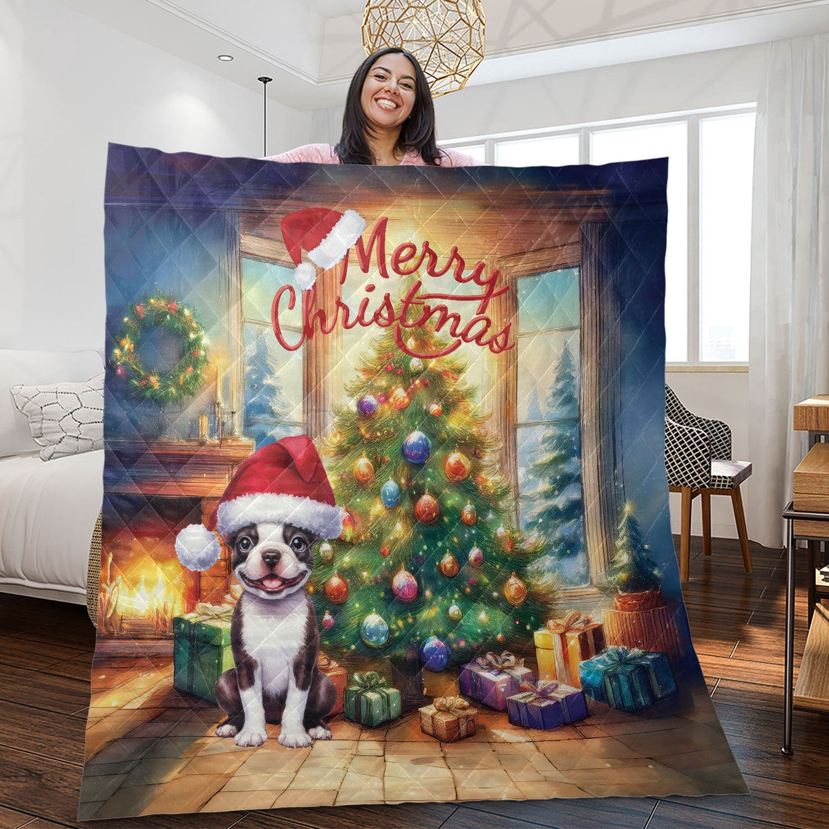 Merry Christmas French Bulldog Santa Hat Xmas Tree Winter Holiday Quilt Bedding Set Dog Lover Gifts 1 Blanket Bed Cover 2 Pillowcases - 01013