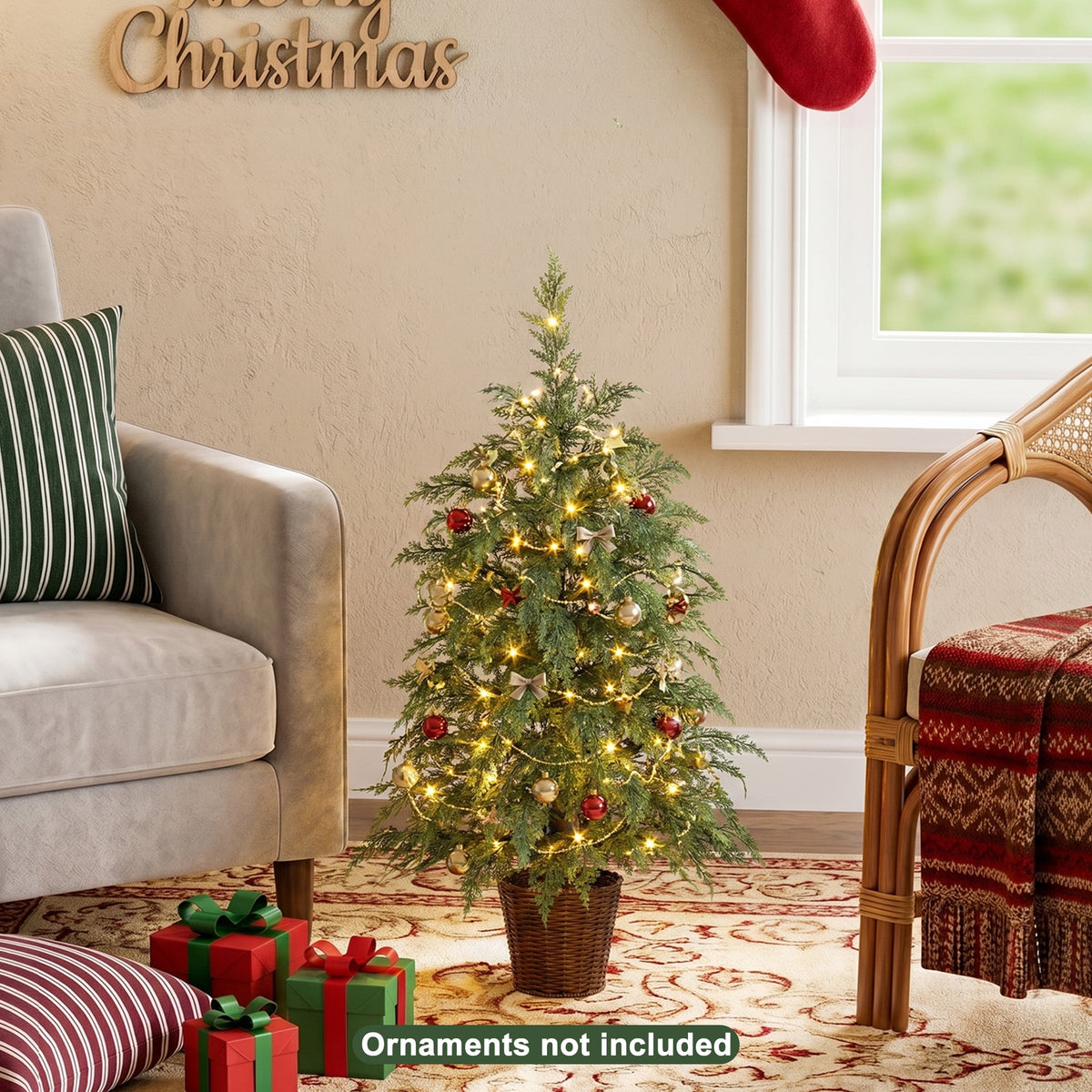 DR.Planzen 24" Pre-Lit Green Cypress Artificial Christmas Tree with 30 Warm White LED Lights, Mini Tabletop Xmas Tree in Woven Basket Base, Indoor Holiday Decoration