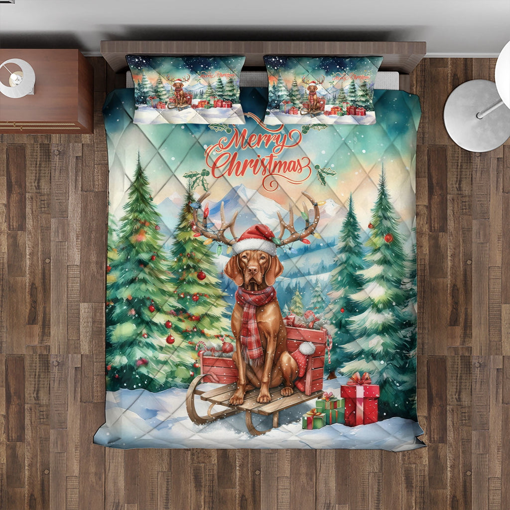 Merry Christmas Santa Reindeer Antlers French Bulldog Sleigh Xmas Winter Holiday Quilt Bedding Set Dog Lover Gifts 1 Blanket Bed Cover 2 Pillowcases - 00023