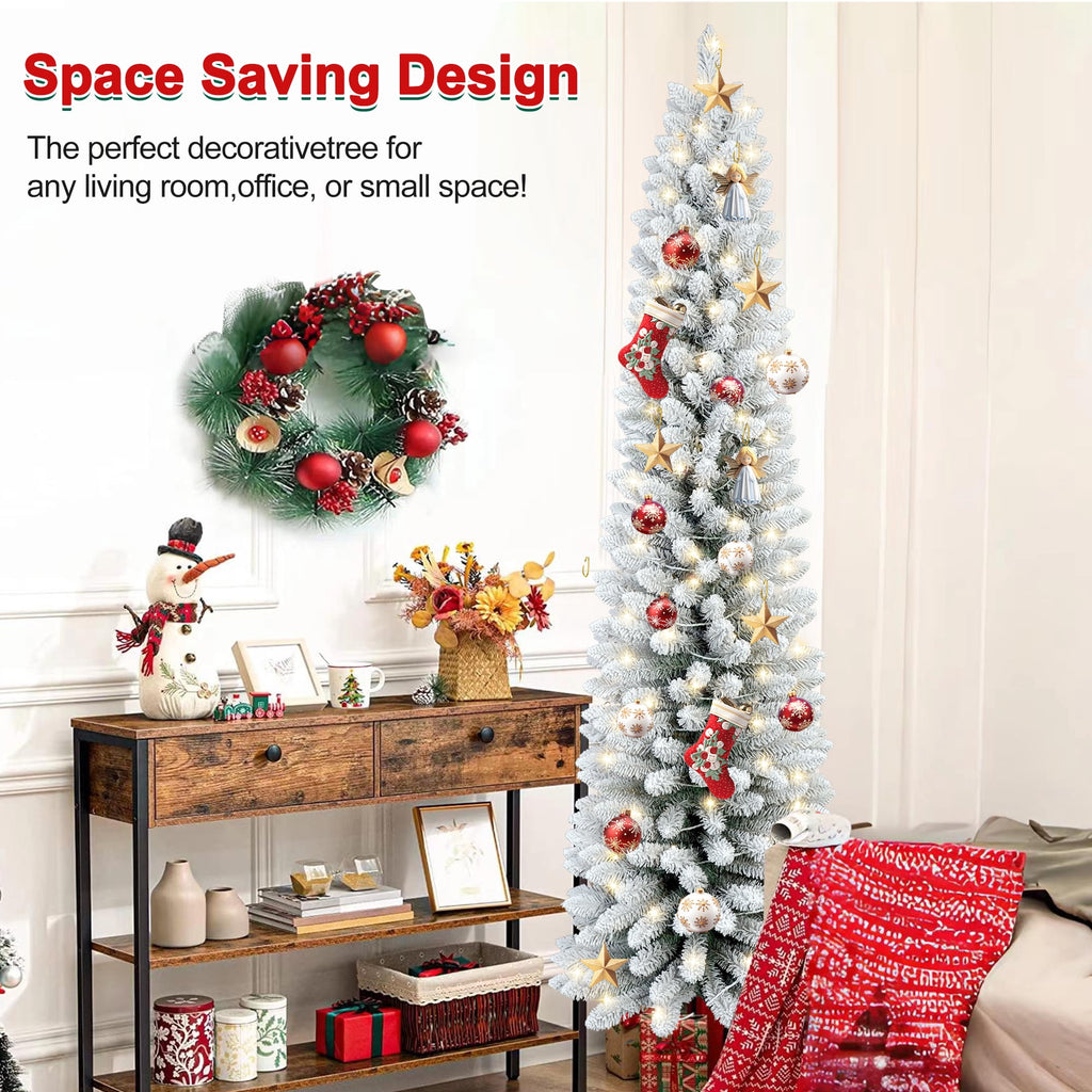 Makeatree 6 ft Pre-Lit Pencil Christmas Tree, Green Slim Skinny Spruce Xmas tree Holiday Decoration with 150 LED Lights, Metal Hinges & Foldable Base