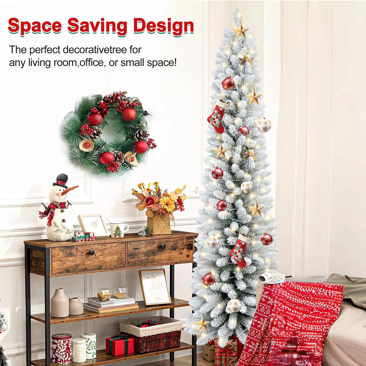 Makeatree 6 ft Pre-Lit Pencil Christmas Tree, Green Slim Skinny Spruce Xmas tree Holiday Decoration with 150 LED Lights, Metal Hinges & Foldable Base