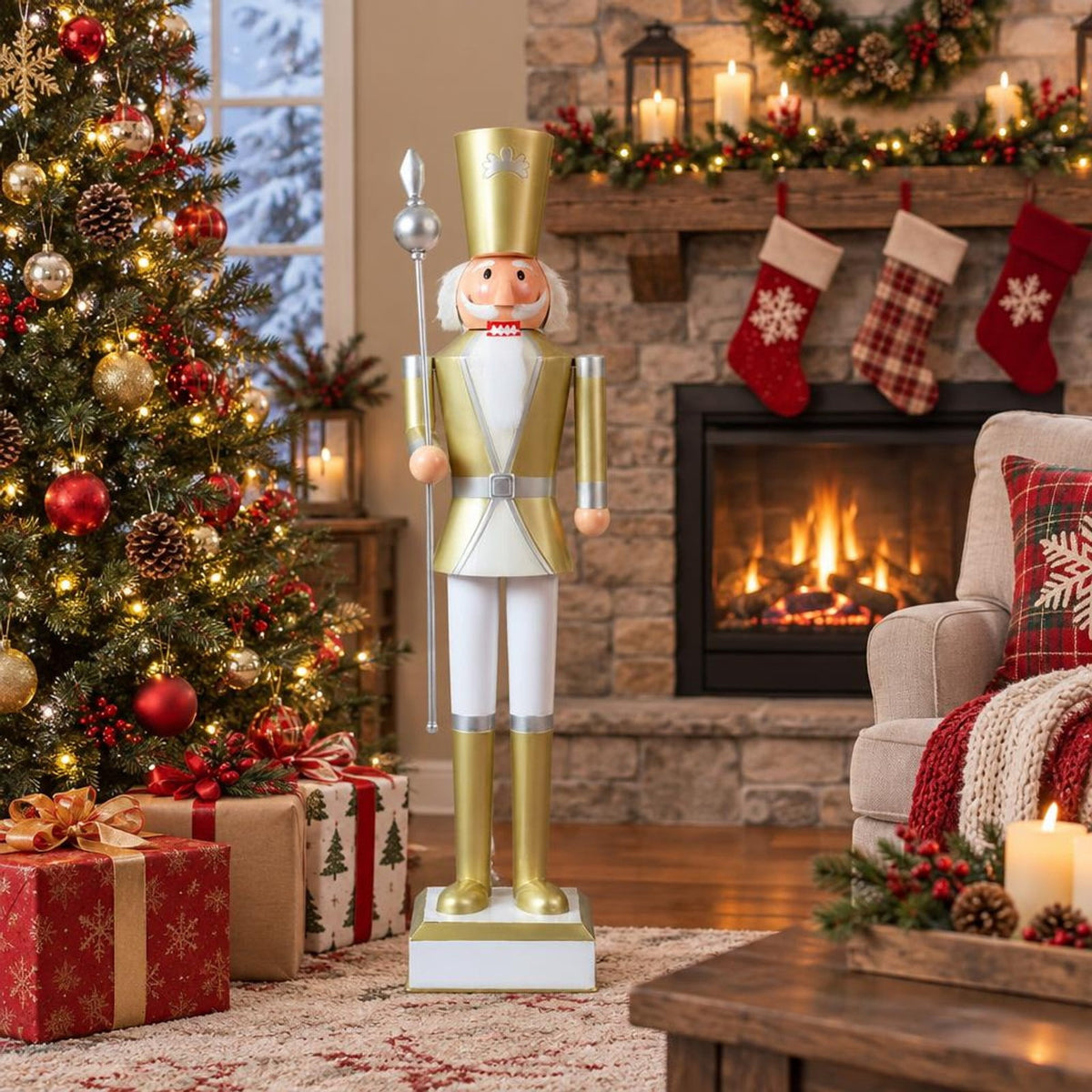 RUIE Christmas Nutcracker with High Hat & Beautiful Scepter-White & Golden, 4 FT, White, 10.5" x 10.5" x 4' Overall, Metal Construction