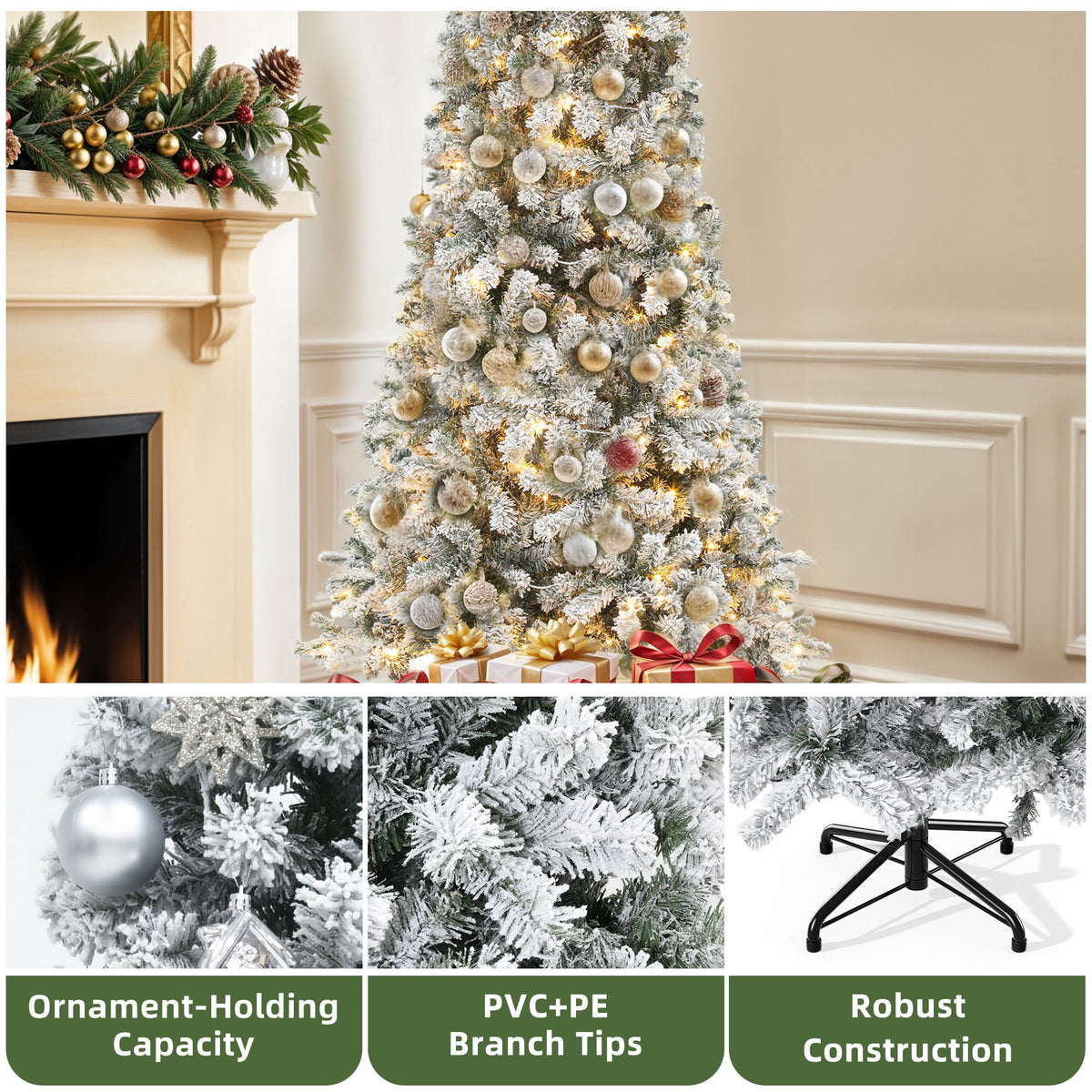 Uforic 7.5ft Pre-lit Snow Flocked Pencil Christmas Tree with 1000 Branch Tips & 350 Lights, Remote Control, White Flocked