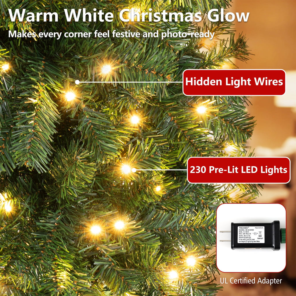 Costway 7Ft Pre-Lit PVC Hinged Christmas Tree 300 LED Lights Green