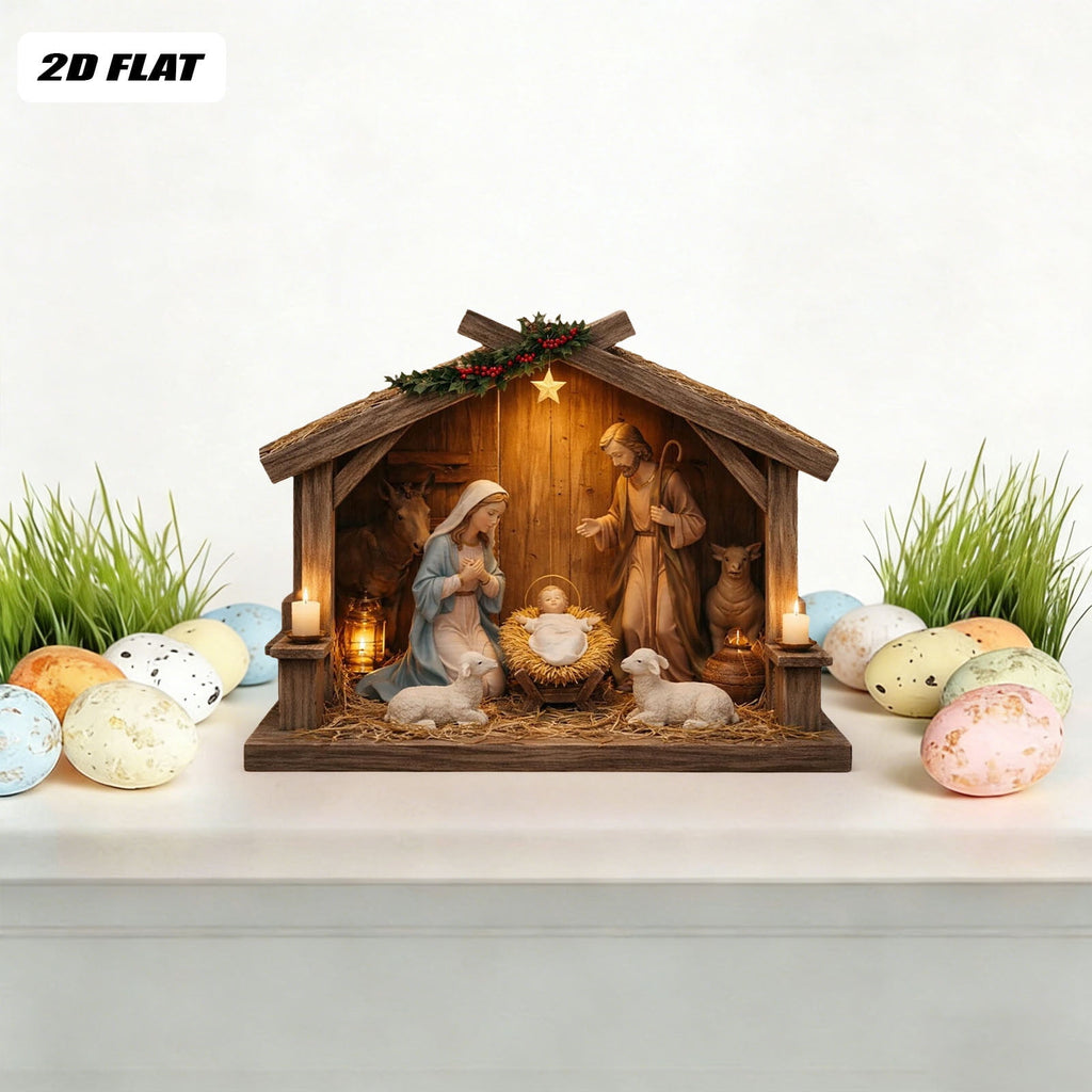 Nativity Scene Wooden Decor, Jesus Birth Manger Stable Sculpture for Christmas Home Church Decor