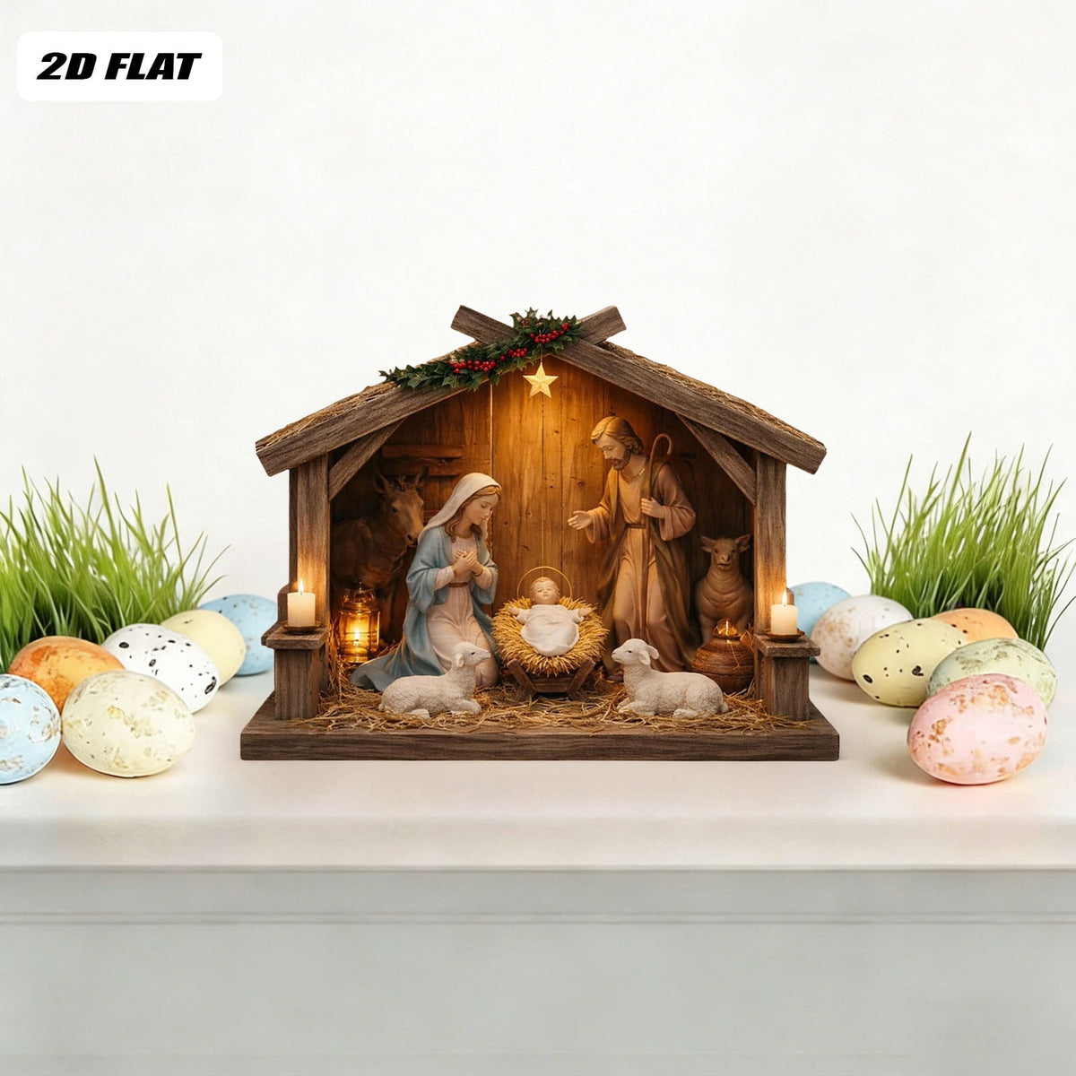 Nativity Scene Wooden Decor, Jesus Birth Manger Stable Sculpture for Christmas Home Church Decor