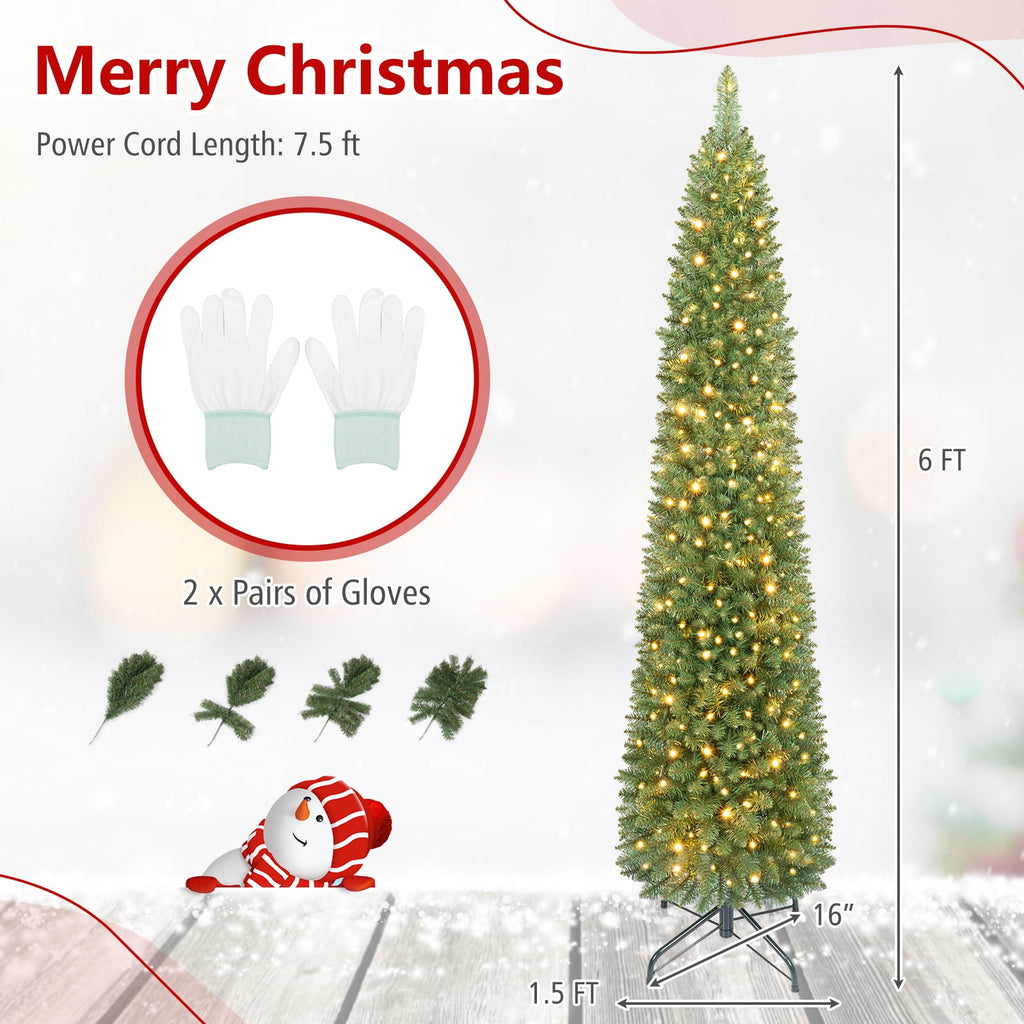Costway 6 FT Pencil Christmas Tree Pre-Lit Folding Metal Stand Green