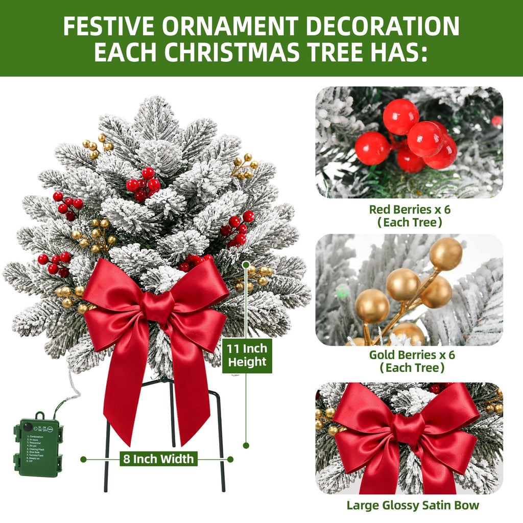 2PK Prelit Outdoor Christmas Trees Christmas Urn Pot Filler Snow Flocked Lighted Christmas Trees with 100 LED Warm White/Colorful Lights Timer 8 Modes for Front Door Porch Christmas Decoration