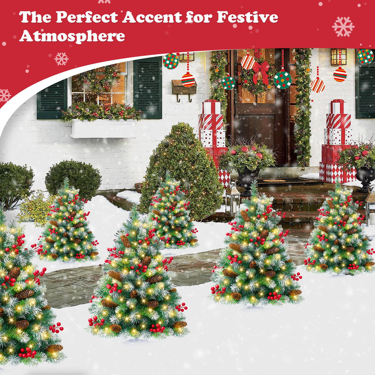 Yexmas 2PCS Small Outdoor Christmas Trees with LED Lights,30" Artificial Xmas Decora for Porch,Yard,Pathway,Garden,PVC