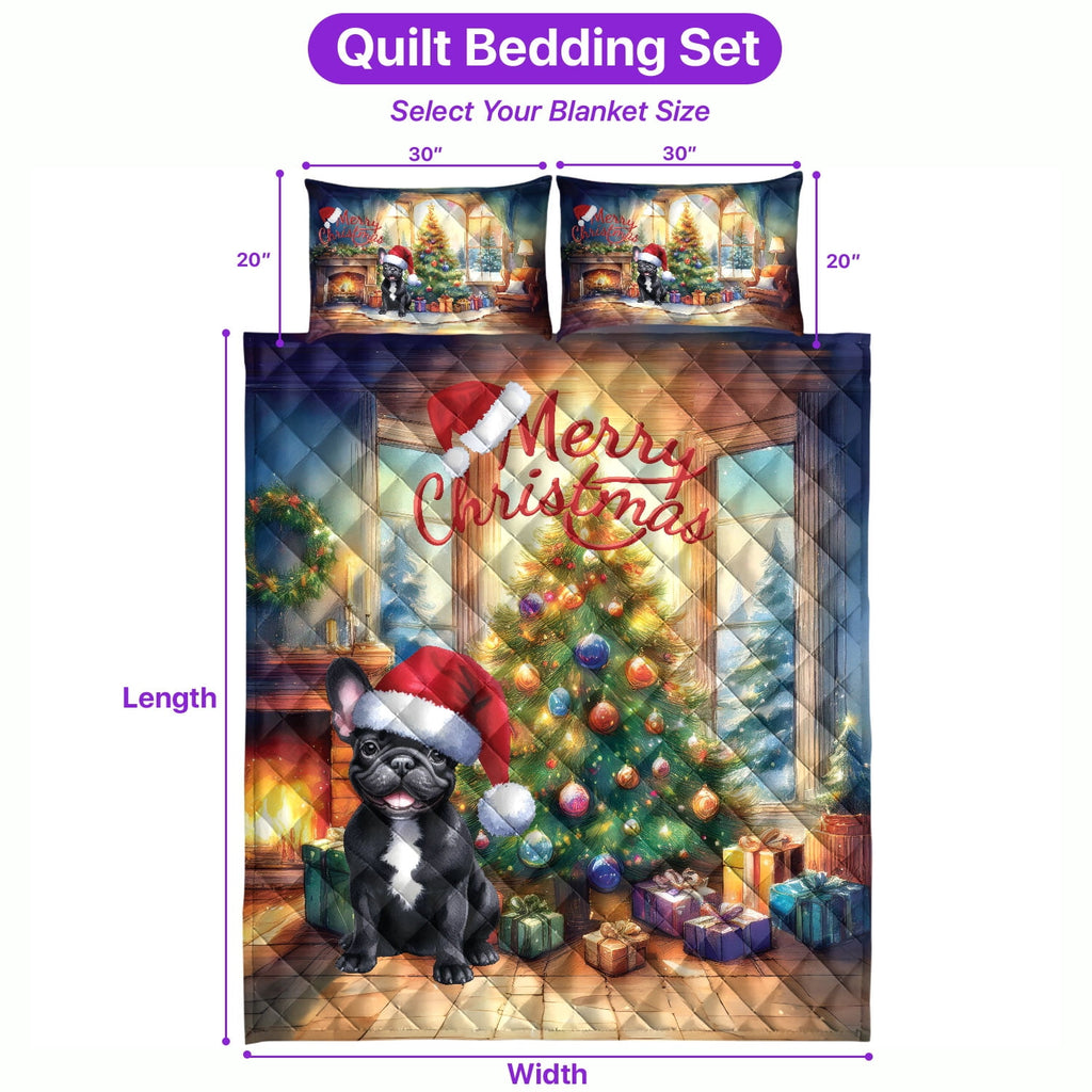 Merry Christmas French Bulldog Santa Hat Xmas Tree Winter Holiday Quilt Bedding Set Dog Lover Gifts 1 Blanket Bed Cover 2 Pillowcases - 01013