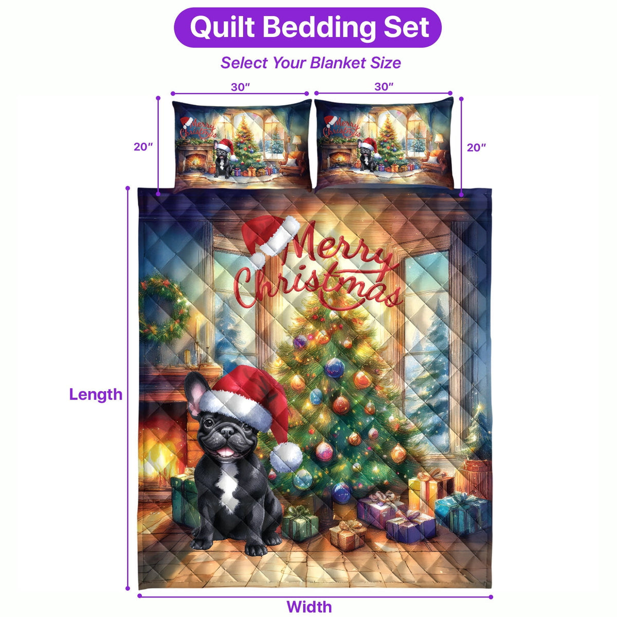 Merry Christmas French Bulldog Santa Hat Xmas Tree Winter Holiday Quilt Bedding Set Dog Lover Gifts 1 Blanket Bed Cover 2 Pillowcases - 01013