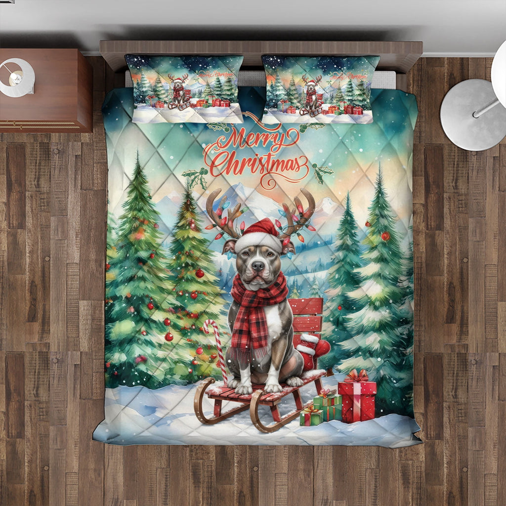 Merry Christmas Santa Reindeer Antlers French Bulldog Sleigh Xmas Winter Holiday Quilt Bedding Set Dog Lover Gifts 1 Blanket Bed Cover 2 Pillowcases - 00023