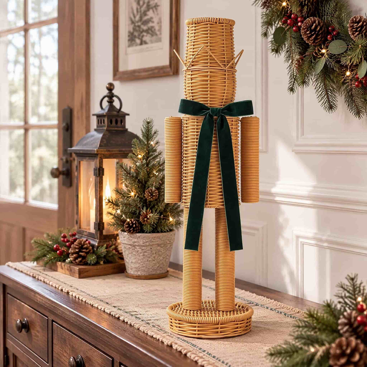 15.74 Inch Rattan Nutcracker Christmas Decor, Woven Look Resin Nutcracker Figurine With Green Velvet Bow, Freestanding Christmas Soldier Decoration For Mantel Shelf Entryway