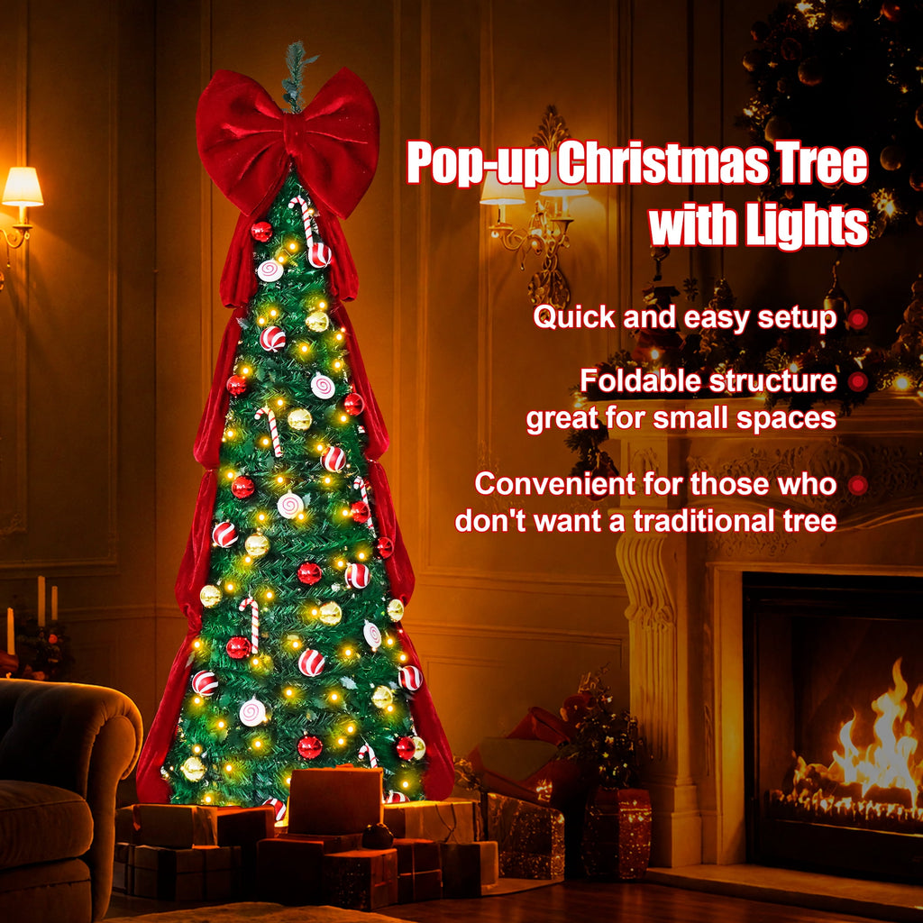 Firstness Christmas Tree 7.5FT, Pop up Pre Decorated Pre Lit Artificial Xmas Tree with 350 LED Lights, Large Bow & Ornaments, Lighted Christmas Tree with Storage Bag, Easy Installation