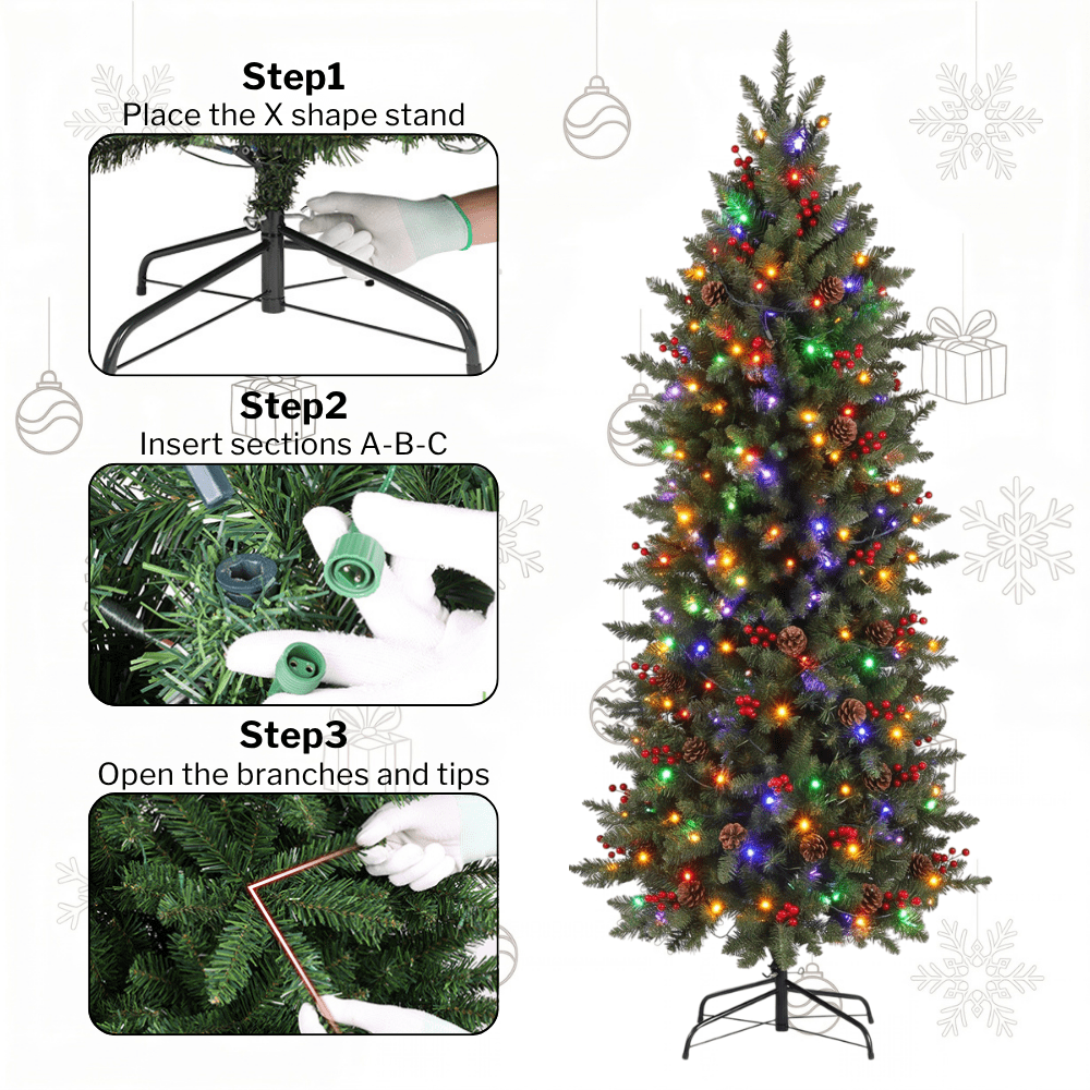 Legooin 6ft Pre-lit Slim Christmas Tree Skinny Hinged Artificial Xmas Tree with 250 Color-Changing Lights+957 Branch Tips
