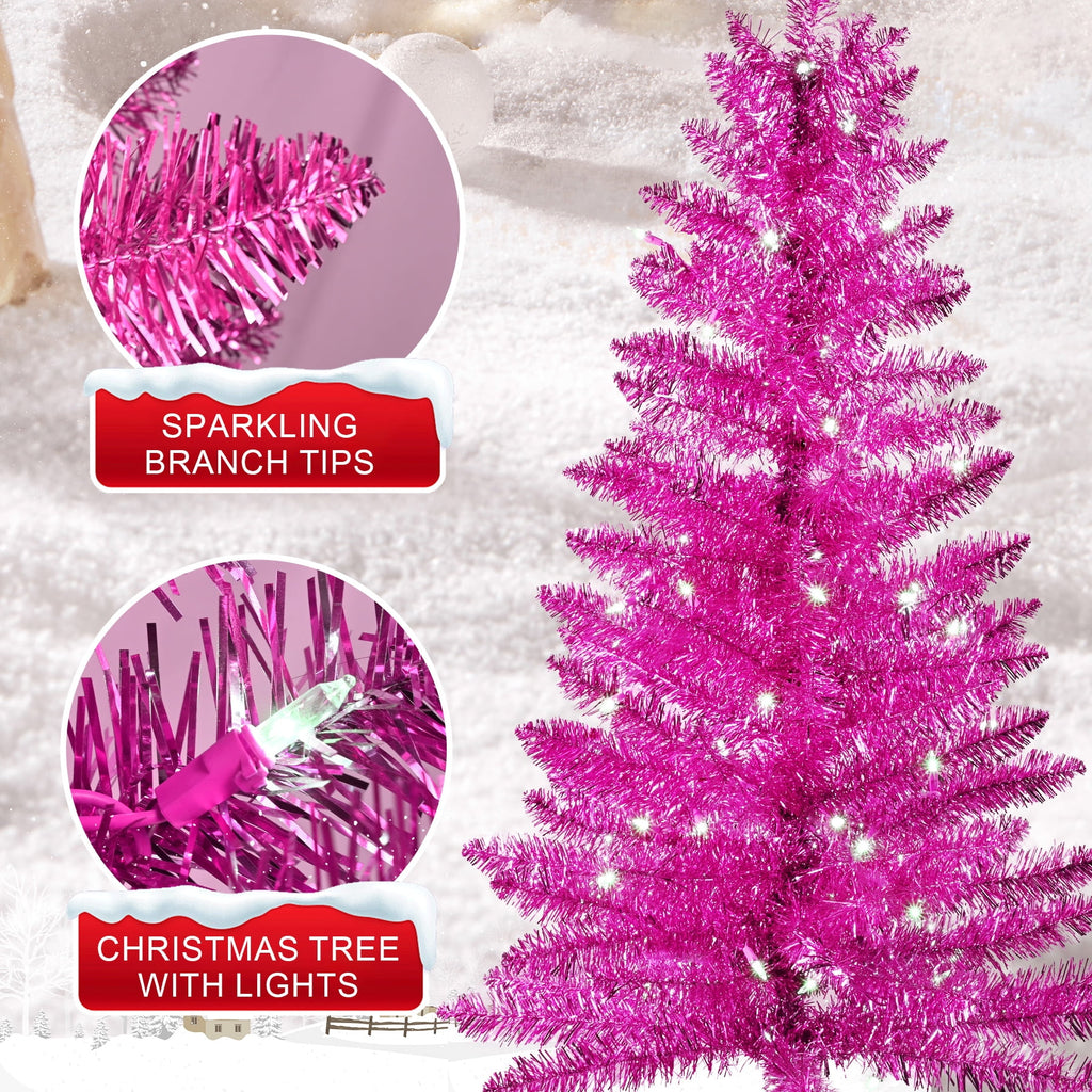 Bringstar 4FT Silver Artificial Christmas Tree with 50 String Lights, Mini Tinsel Tree, Not Pre-Lit, for Halloween & Holiday Home & Office Décor