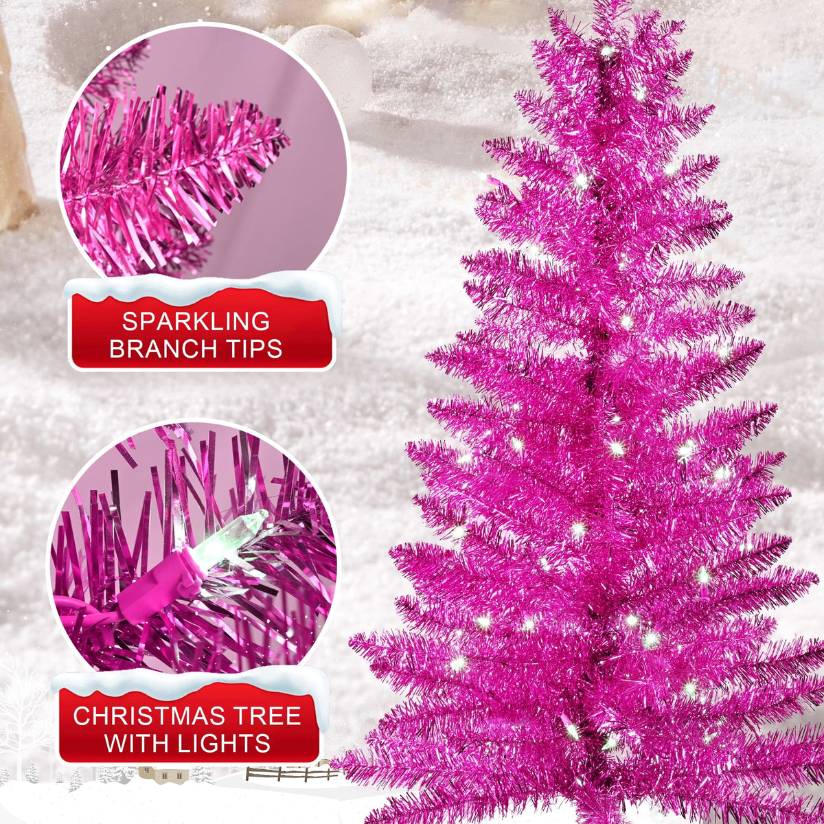 Bringstar 4FT Silver Artificial Christmas Tree with 50 String Lights, Mini Tinsel Tree, Not Pre-Lit, for Halloween & Holiday Home & Office Décor