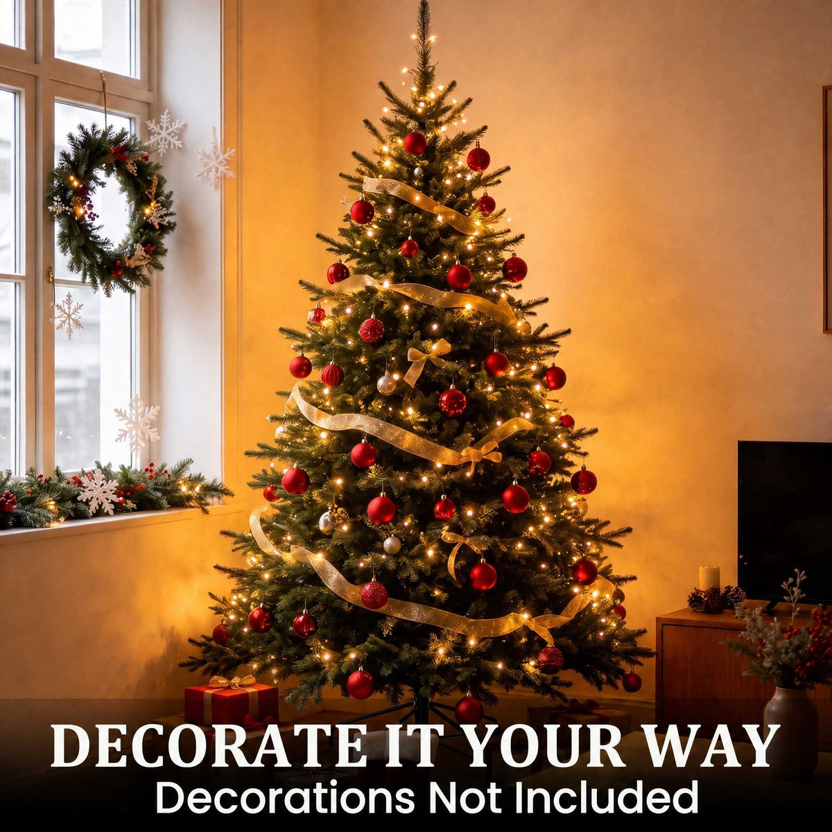 DAYBETTER 8ft Artificial Christmas Tree, 500 Warm White Lights & 1335 Branch Tips, Includes Metal Stand, Indoor/Outdoor Xmas Holiday Decor