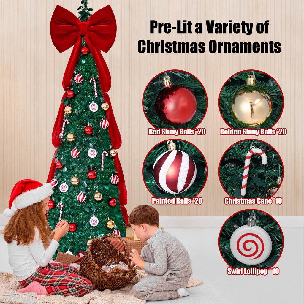 Firstness Christmas Tree 7.5FT, Pop up Pre Decorated Pre Lit Artificial Xmas Tree with 350 LED Lights, Large Bow & Ornaments, Lighted Christmas Tree with Storage Bag, Easy Installation