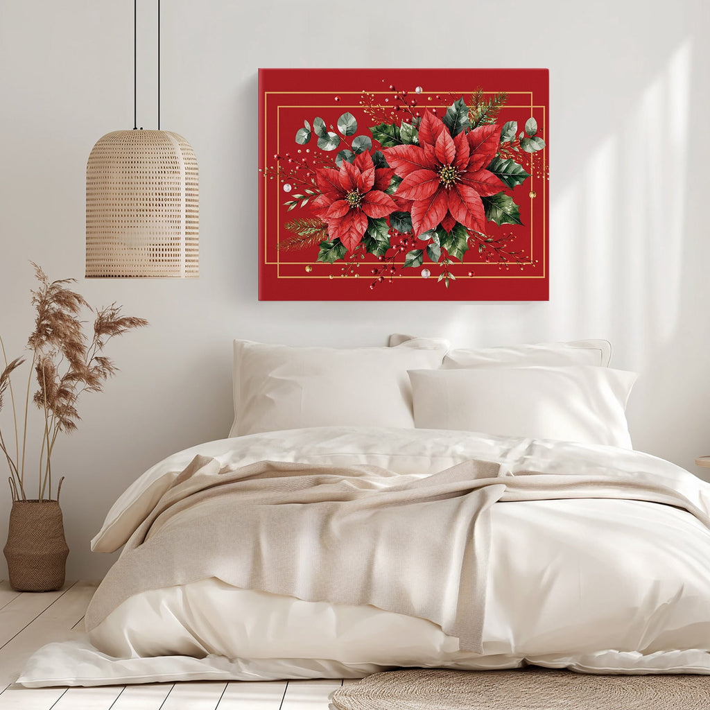 Christmas Poinsettia Flower Canvas Print Wall Art Festive Eucalyptus Leaves Red Base Wall Decor Modern Artwork Paintings Pictures for Living Room Stretched and Framed Ready to Hang - 24" x 32"