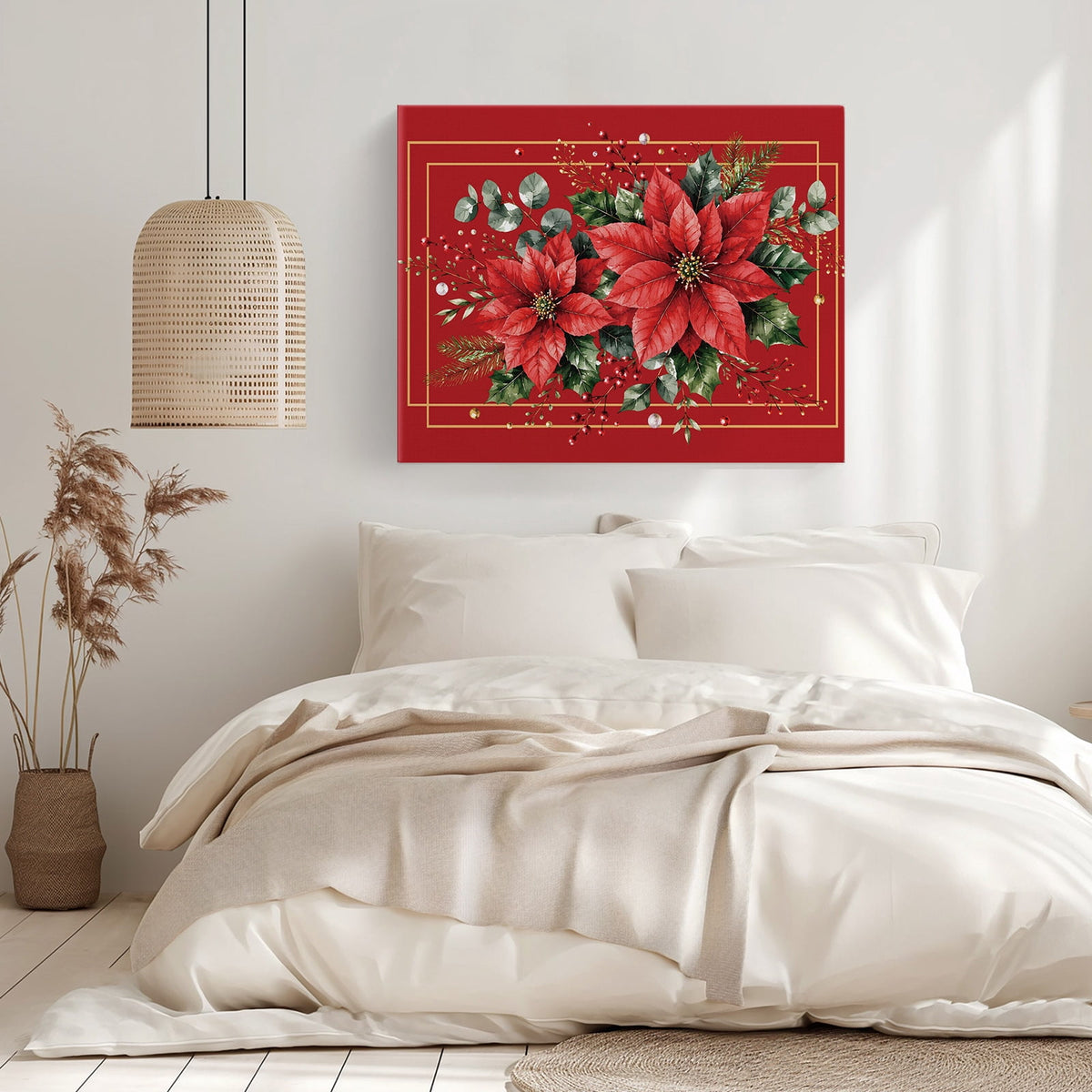 Christmas Poinsettia Flower Canvas Print Wall Art Festive Eucalyptus Leaves Red Base Wall Decor Modern Artwork Paintings Pictures for Living Room Stretched and Framed Ready to Hang - 24" x 32"