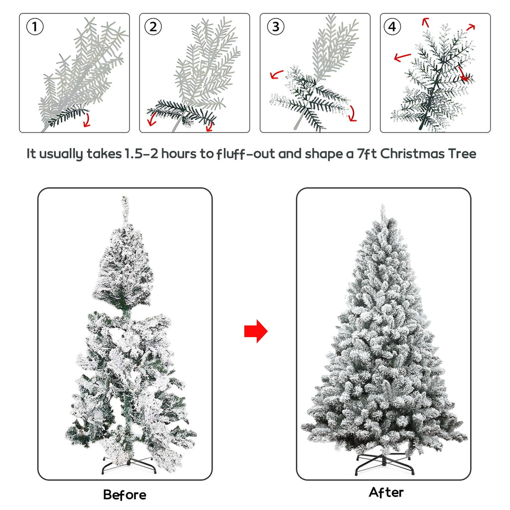 7FT Artificial Snow Flocked Christmas Tree, Unlit Artificial Christmas Pine Tree with 800 Branch Snow Tips and Metal Stand, Holiday Xmas Pine Tree for Indoor Outdoor Home Office Party Decoration
