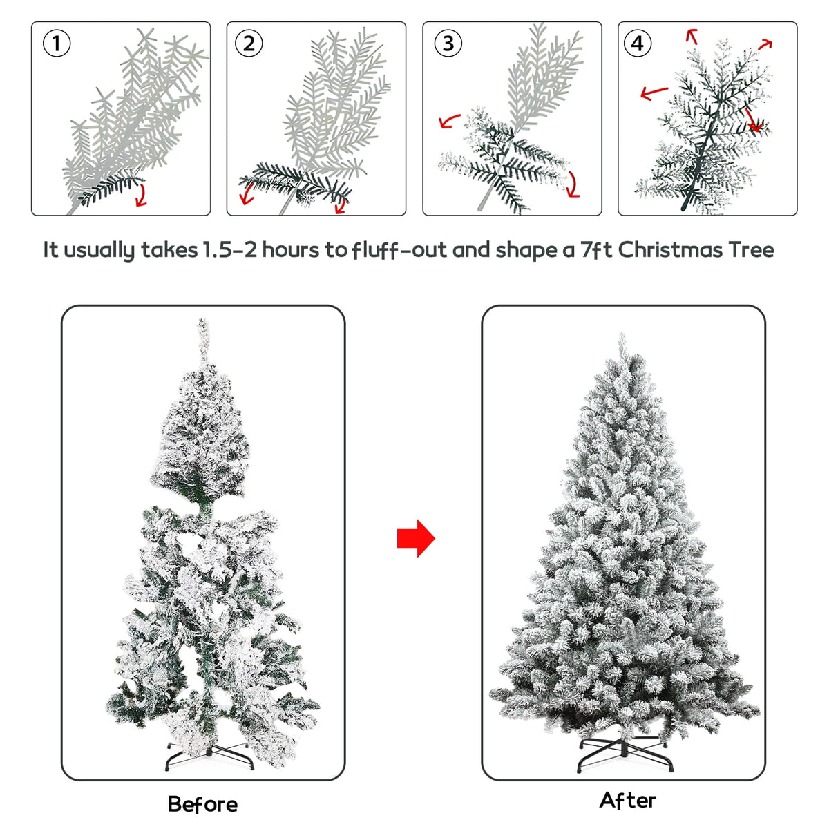 7FT Artificial Snow Flocked Christmas Tree, Unlit Artificial Christmas Pine Tree with 800 Branch Snow Tips and Metal Stand, Holiday Xmas Pine Tree for Indoor Outdoor Home Office Party Decoration