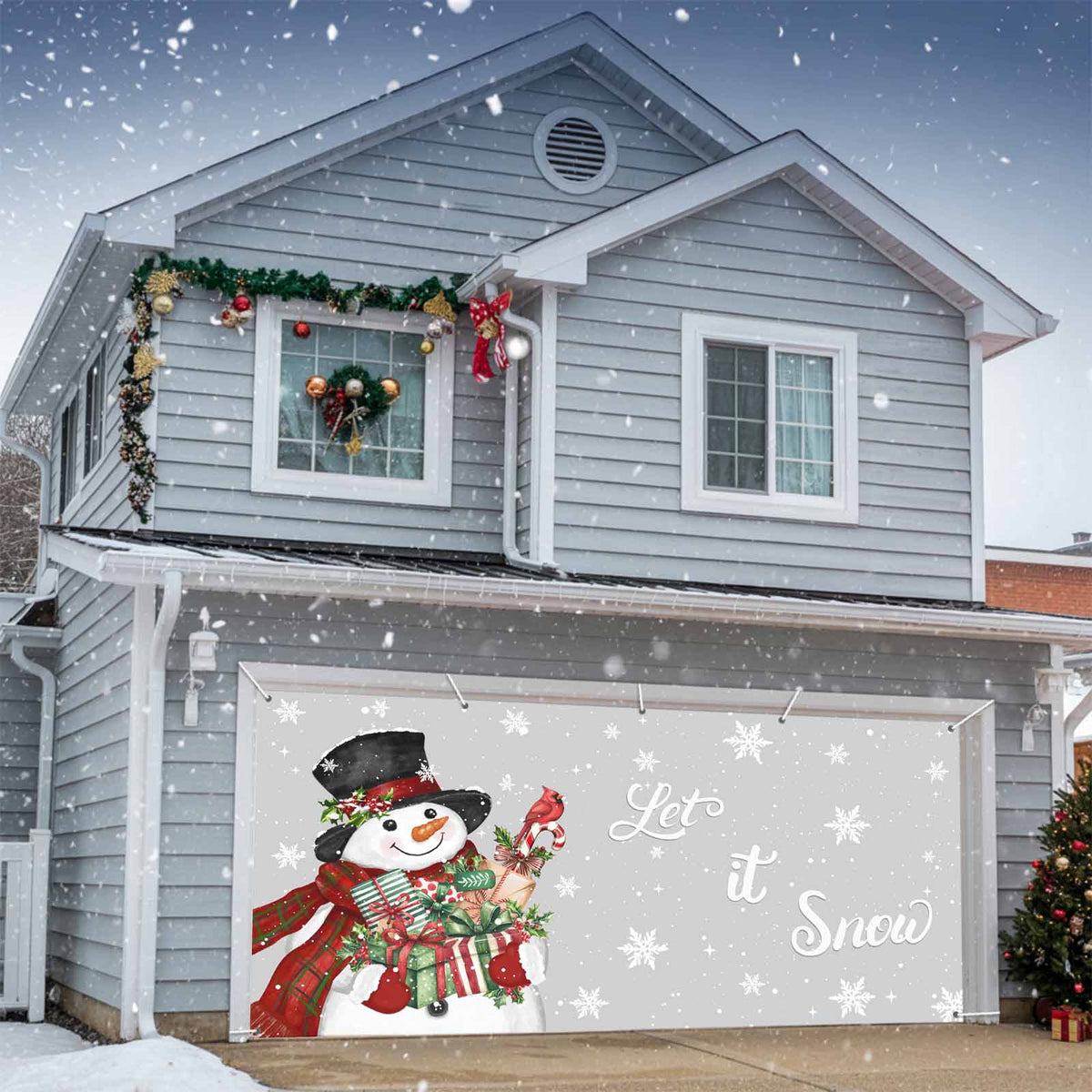 Fsddascl 7 x 16 Ft Christmas Garage Door Cover, Black Christmas Tree Large Garage Door Banner, Xmas Snowflake Green Golden Hanging Garage Mural Background for Indoor Outdoor Xmas Party Supplies