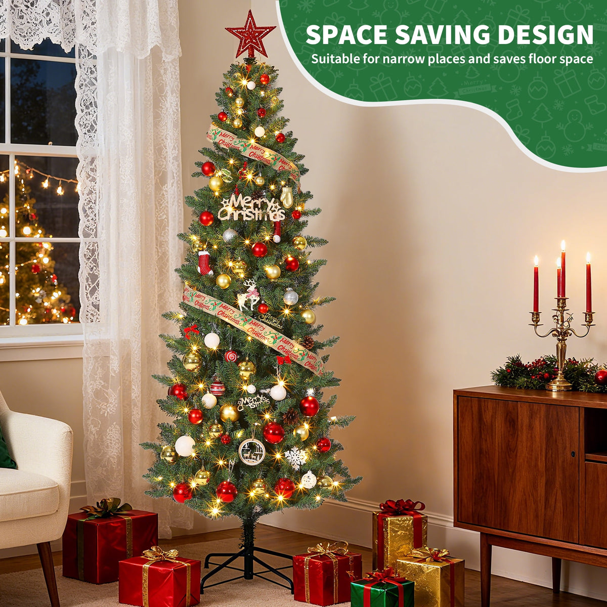 6ft/7.5ft/9ft Pencil Christmas Tree with LED Lights & Metal Stand, Pre-Lit Slim Artificial Holiday Trees,Christmas Decorations for Office,Home,Holiday